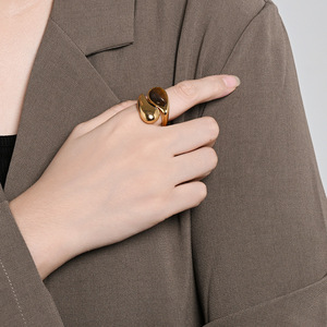 Teardrop Faux Pearl <b>Ring</b> With Tiger's Eye Gemstone For Women Gold Plated <b>Titanium</b> Steel Party Jewelry - Product Image 3