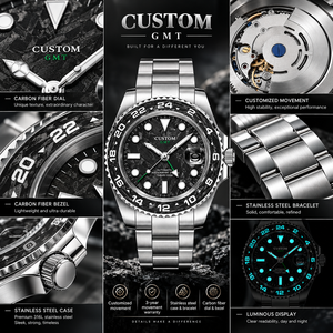 Reloj de Pulsera Deportivo para Hombre, Automático, <span class=keywords><strong>GMT</strong></span>, Personalizado, con Esfera y Bisel de Fibra de Carbono, Movimiento Mecánico de Acero Inoxidable, Resistente al Agua - Product Image 2