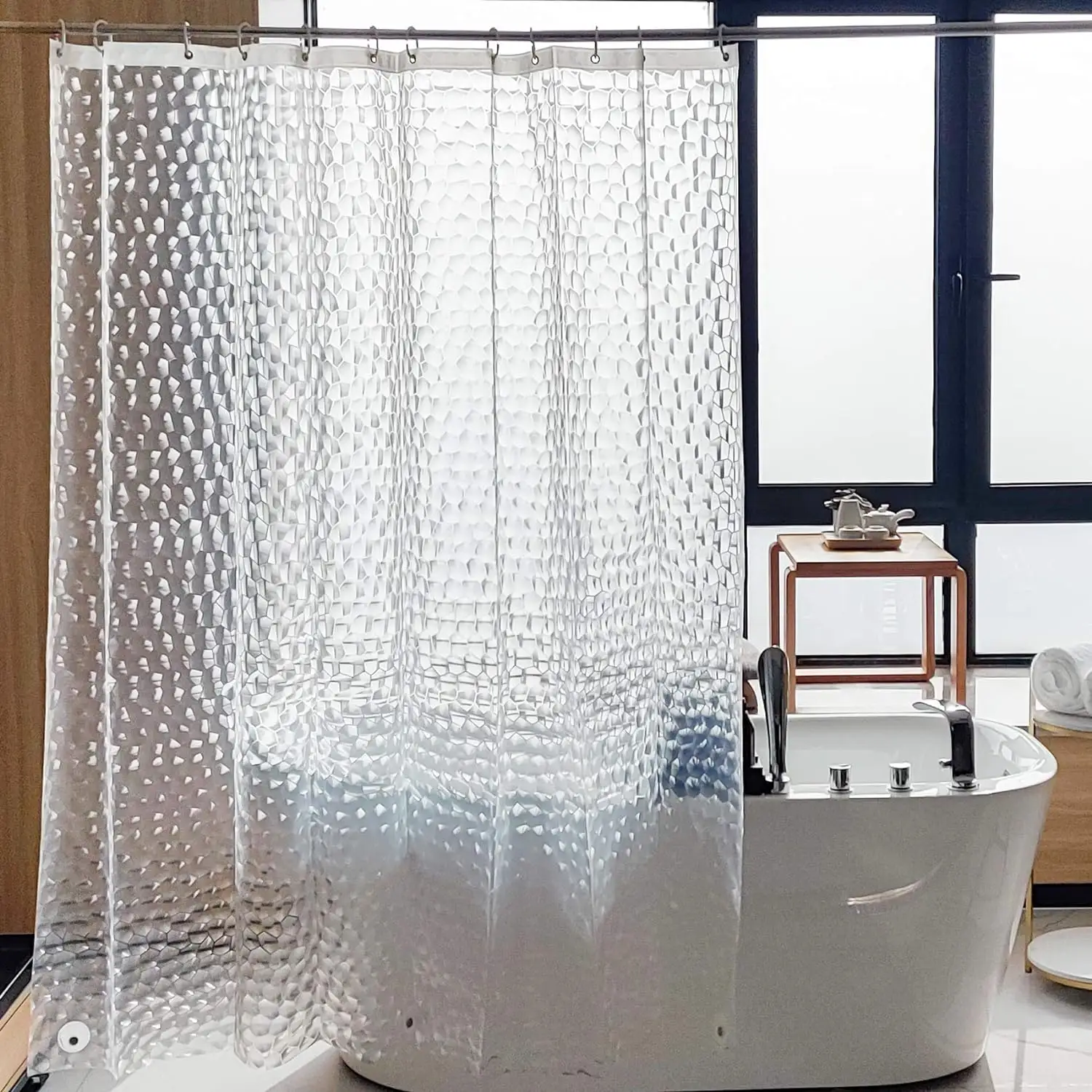 Tenda doccia trasparente EVA/PEVA con cubetto d'acqua, rivestimento idrorepellente con 3 magneti per il bagno, 72x72 pollici