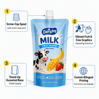 Pochettes personnalisées imprimées en gros pour boissons lactées, avec bec verseur et bouchon à vis, qualité alimentaire, 200 ml, pour jus, lait et boissons aux fruits