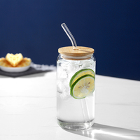 Gobelets en verre transparent de 12oz/16oz pour soda et bière, avec couvercle en bambou et paille, isolation thermique, écologiques, motif dessin animé mignon, pour boire directement