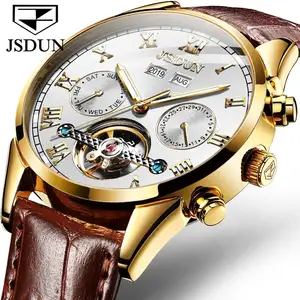Jsdun Automatische Skeleton Heren Horloges Lederen Waterdicht Compleet Kalender Self Winding Mechanical Mannen Horloge