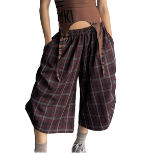 Wholesale High Quality Cotton Custom Women Plaid Elastic Waist Wide Leg Bermuda Shorts Loose Baggy Checkered <b>Culotte</b> Shorts - Product Image 1