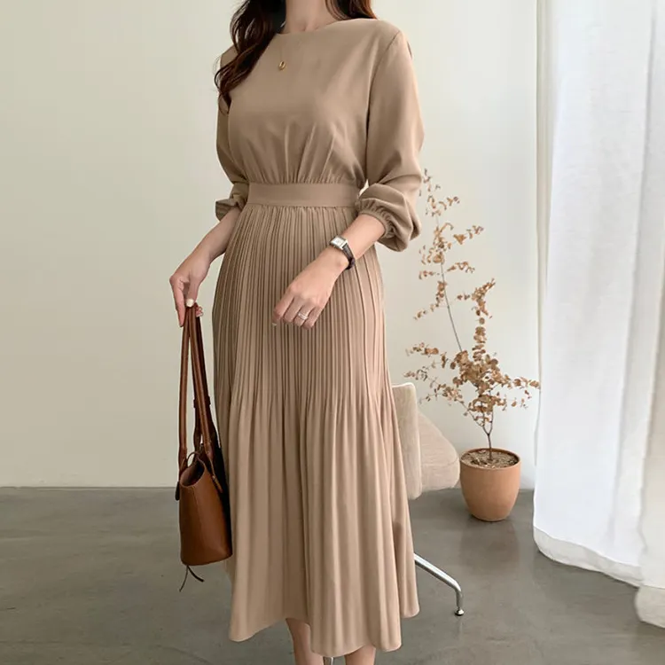 Korean fashion fall design solid long sleeve pleated midi dress