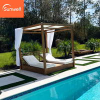 Ensemble de mobilier d'extérieur de style moderne et luxueux Lit de jour double en teck avec rideau Lit de jour cabane latérale pour piscine avec baldaquin