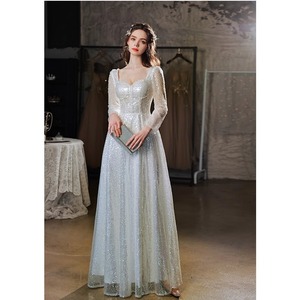 Silver Sequined Evening Gown Long Sleeve Sweetheart Neckline A-Line Empire Waist Wedding Dress Reception Performance Host Dress - Product Image 2