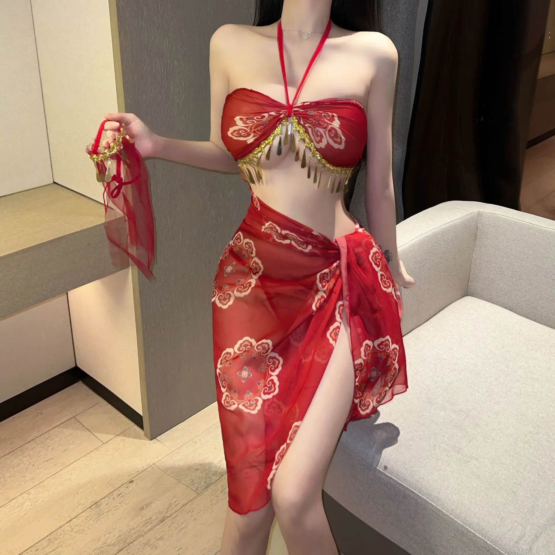 Set atasan manis Mini wanita seksi 2024 Mode Korea rok merah elegan lapisan emas Hanfu gaya eksotis tari V8NY