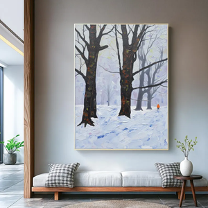 Dipinto a mano paesaggio invernale dipinto a olio, albero strutturato foresta innevata con figura solitaria arte della parete per soggiorno o ufficio - Product Image 5