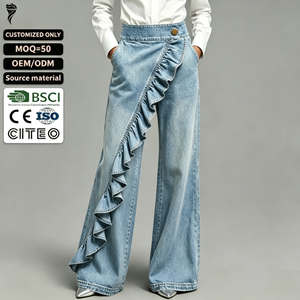 OEM ODM Women High Waist Wide Leg Jeans <b>Light</b> Blue Ruffle Detail Denim Pants Casual Loose <b>Trousers</b> Custom Logo - Product Image 1