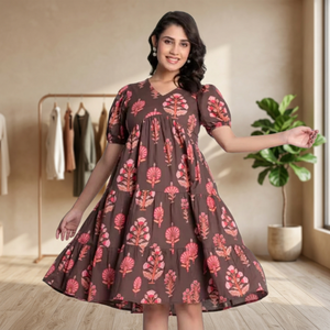 Women's Printed Cotton V-Neck Knitted Midi Dress Natural Waistline Eco-Friendly Breathable Washable Casual Party Spring - Product Image 3