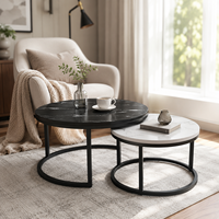 Tables gigognes contemporaines circulaires à motif marbre blanc avec base en métal noir pour salon, table basse