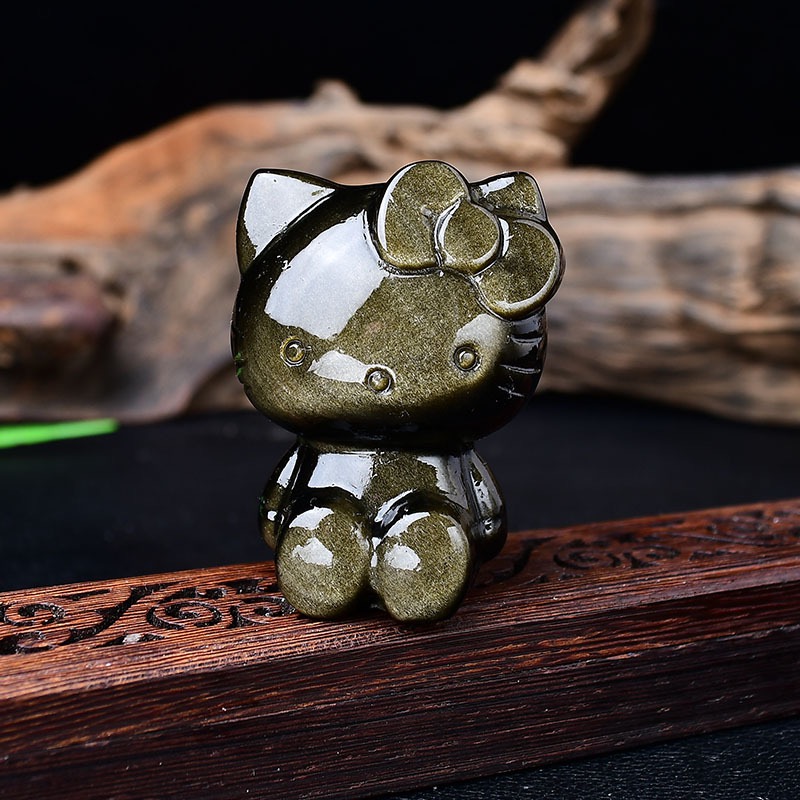 Natural Obsidian Kitty Cat Figurine Crystal Rough Stone Carving