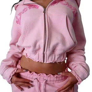 Ensemble survêtement rose personnalisé pour femme, 2 pièces, en molleton de coton French Terry, lavage vintage, streetwear, sweat à capuche - Product Image 6