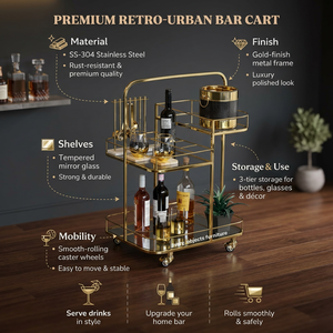 Carrito de Bar Moderno de Metal de Tres Niveles con Ruedas para Almacenamiento de Bebidas en la Sala de Estar, Forma Rectangular, Acabado Brillante - Product Image 2