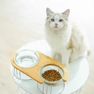 简单实木猫碗单双碗硼玻璃高饮水碗猫食物
