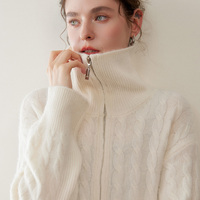 Nouveau cardigan d'hiver confortable en cachemire torsadé pour femme, col roulé, fermeture éclair, élégant