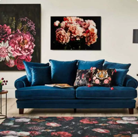 Canapé trois places de style rétro américain, en velours bleu foncé, à dossier haut, de style antique français, pour maison d'hôtes