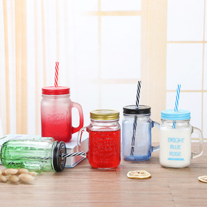 Venta directa de fábrica <span class=keywords><strong>Gallo</strong></span> Gradiente Bebida Taza de agua con tapa Mango de paja Vidrio Mason para té de la leche Calidad Drinkware - Product Image 3