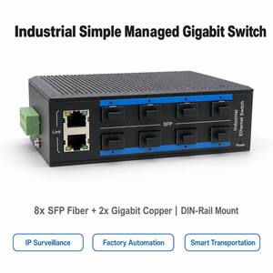 Switch Gigabit industriel simple et géré, 8 ports SFP, 2 ports RJ45, Ethernet fibre, boîtier métallique pour rail DIN - Product Image 1