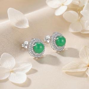 Boucles d'oreilles clous en argent sterling 925 avec calcédoine verte, cabochon rond, bijoux vintage pour femme, cadeau - Product Image 2