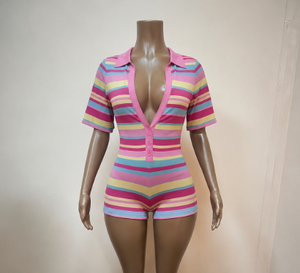 <span class=keywords><strong>Tuta</strong></span> Corta da Donna Jiubaju con Scollo <span class=keywords><strong>a</strong></span> V, Maniche Corte, <span class=keywords><strong>Righe</strong></span>, Bottoni e Colletto Rovesciato, Ideale per Vacanze - Product Image 3