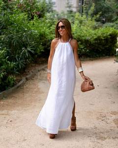 Dropshipping Ladies Cotton Linen Maxi Sundress Bohemian Halter Long Cami Dresses Plus Size Vacation Resort Beach Outfit Cute - Product Image 1