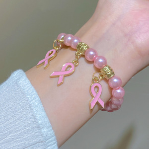 Pulsera <span class=keywords><strong>de</strong></span> Concienciación con Cinta Rosa y Perlas, Regalo <span class=keywords><strong>de</strong></span> Ánimo para Sobrevivientes y Luchadores contra el Cáncer <span class=keywords><strong>de</strong></span> Mama - Product Image 2
