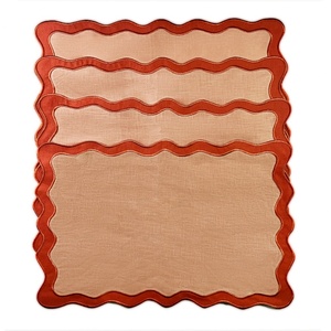 Natural Flax Custom Design Organic Fabric Double Scalloped Embroidered Edge <b>Table</b> <b>Cloth</b> <b>Linen</b> Napkin Placemat for Hotel - Product Image 2