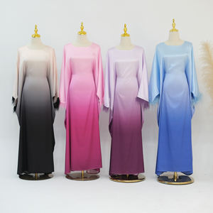 Vente chaude manches chauve-souris grande taille femmes robes Satin moyen-orient arabe musulman Ombre dégradé plume élégante robe caftan - Product Image 6