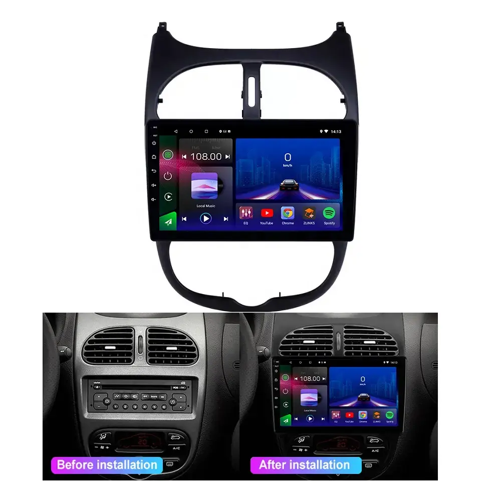 Écran tactile 9 pouces android auto Carplay gps autoradio pour Peugeot 206 1998 - 2012 lecteur multimédia