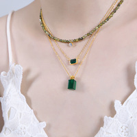 Collier à plusieurs rangs en acier inoxydable vert émeraude perlé avec pendentif solitaire en cristal taille baguette, plaqué or 18 carats, bijoux inaltérables