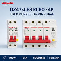 DELIXI RCBO Empat Kutub 6A Kurva D 400V 6kA Perlindungan Kebocoran Arus Tanah Bersertifikasi CE Bahan PA66/Tembaga Pemasangan Rel