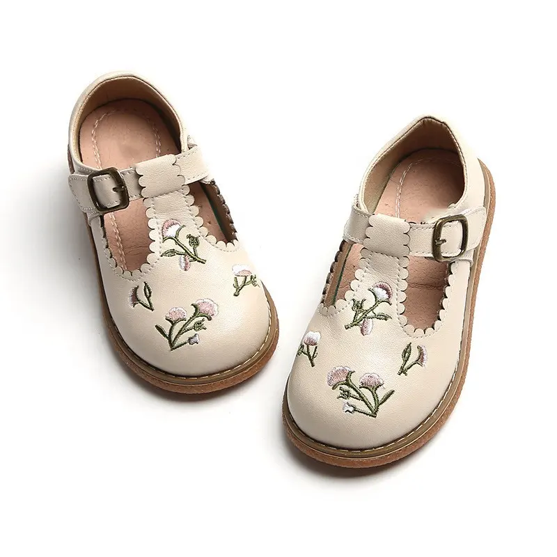 Custom embroidery flower T-strap Mary Jane girls' shoes Genuine leather children's princess shoes