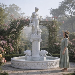 Fuente de Estatua de Mármol Europeo con Columna y Cuenco Redondo, Diseño de Jardinera Musa con Regadera y Tallado de Hojas de Rosa para Paisajismo - Product Image 2