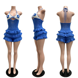 Combinaison Y2K en tricot ajouré pour femme, col halter, sans manches, à volants, lacets, découpes, crocheté à la main, style streetwear - Product Image 5