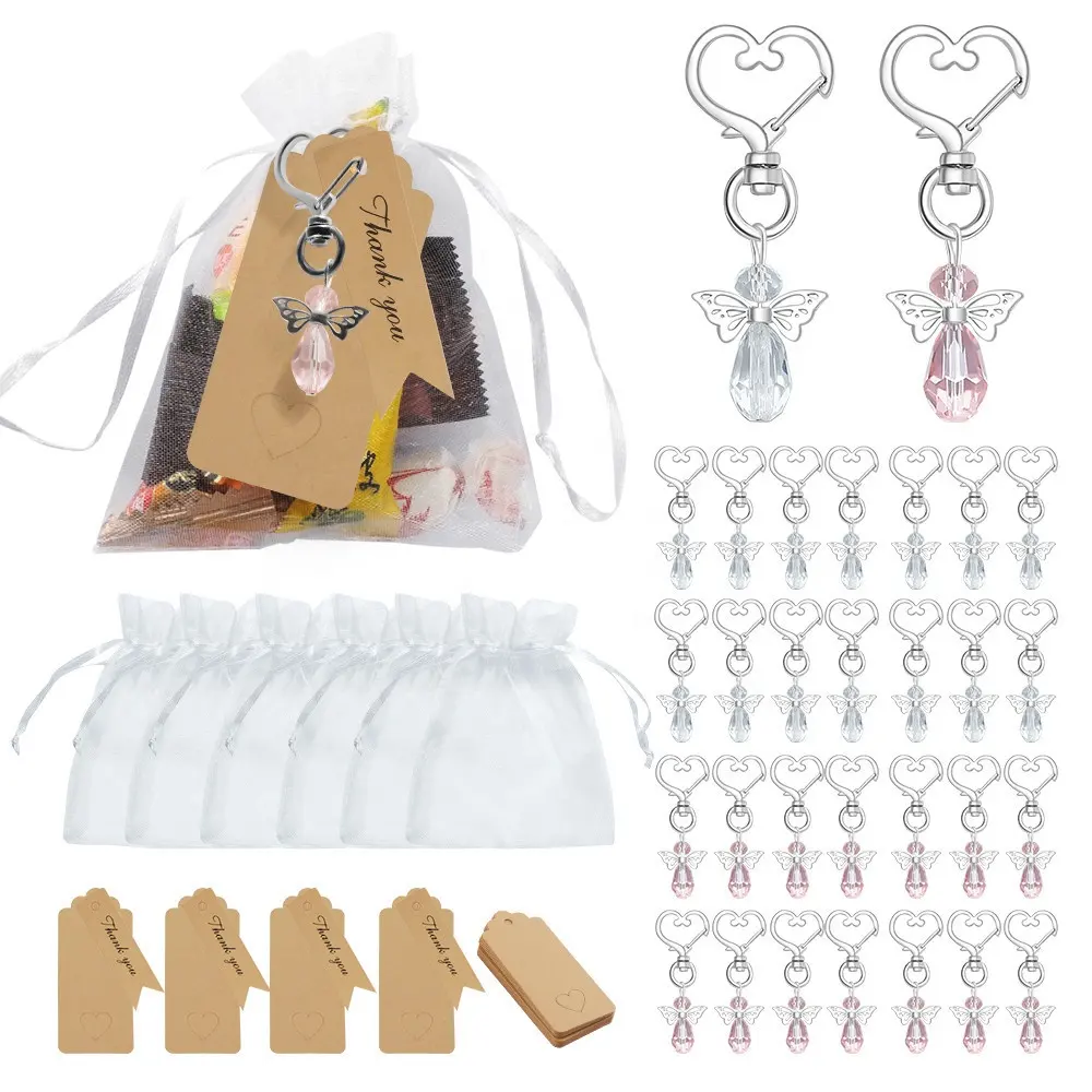 30 Set/pak cincin gantungan kunci kristal malaikat mendukung Terima kasih Set tas Organza Tag untuk dekorasi pesta pernikahan perayaan Pancuran bayi