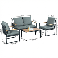 Set Sofa Outdoor Modern 4 Buah, Sandaran Tangan Non-Kayu, Bantal Kain Pewarna Benang 180G, Alas Jala 530G, Nyaman, Portabel, untuk Taman/Kebun