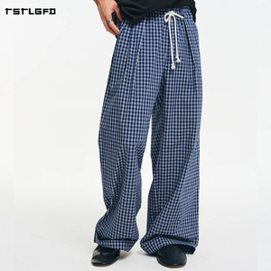Pantalon large en coton à carreaux gingham pour homme, taille élastiquée avec cordon de serrage, coupe décontractée oversize, style streetwear - Product Image 2