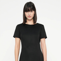 Robe midi décontractée pour femme, col rond, manches courtes, noire unie, coupe trapèze, simple, vente en gros personnalisée