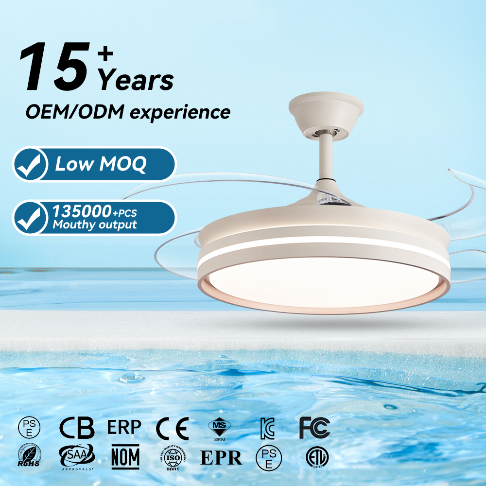 42 Inch Home Office Use Hotel Retractable ABS Blade Metal Body Flush Mount Pure Copper DC Motor LED Ceiling Fan Lamp with Remote