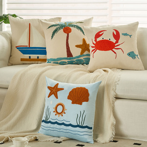 Algodón bordado océano <span class=keywords><strong>Coco</strong></span> árbol <span class=keywords><strong>cangrejo</strong></span> tiro 17,7*17,7 pulgadas almohada decorativa fundas de cojines - Product Image 1