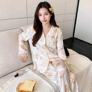 Conjunto de ropa de dormir para mujer, pantalones cortos, cárdigan de gasa transparente con ribete de encaje y manga larga, ropa de descanso con cintura elástica suave y estampado de dibujos animados para verano - Product Image 2