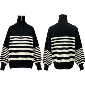 Maglione da <span class=keywords><strong>Donna</strong></span> Lavorato a Maglia con Mezza Zip, <span class=keywords><strong>Collo</strong></span> <span class=keywords><strong>Alto</strong></span>, Nero con Strisce Crema, Spalle Cadenti, Maniche a Palloncino, Pullover Invernale - Product Image 4