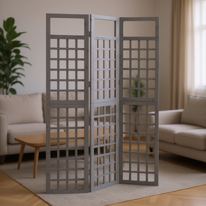 Paravent pliable en bois de sapin massif à 3 panneaux, gris, 47,6x70,9 po, design treillis, pour la décoration intérieure - Product Image 2
