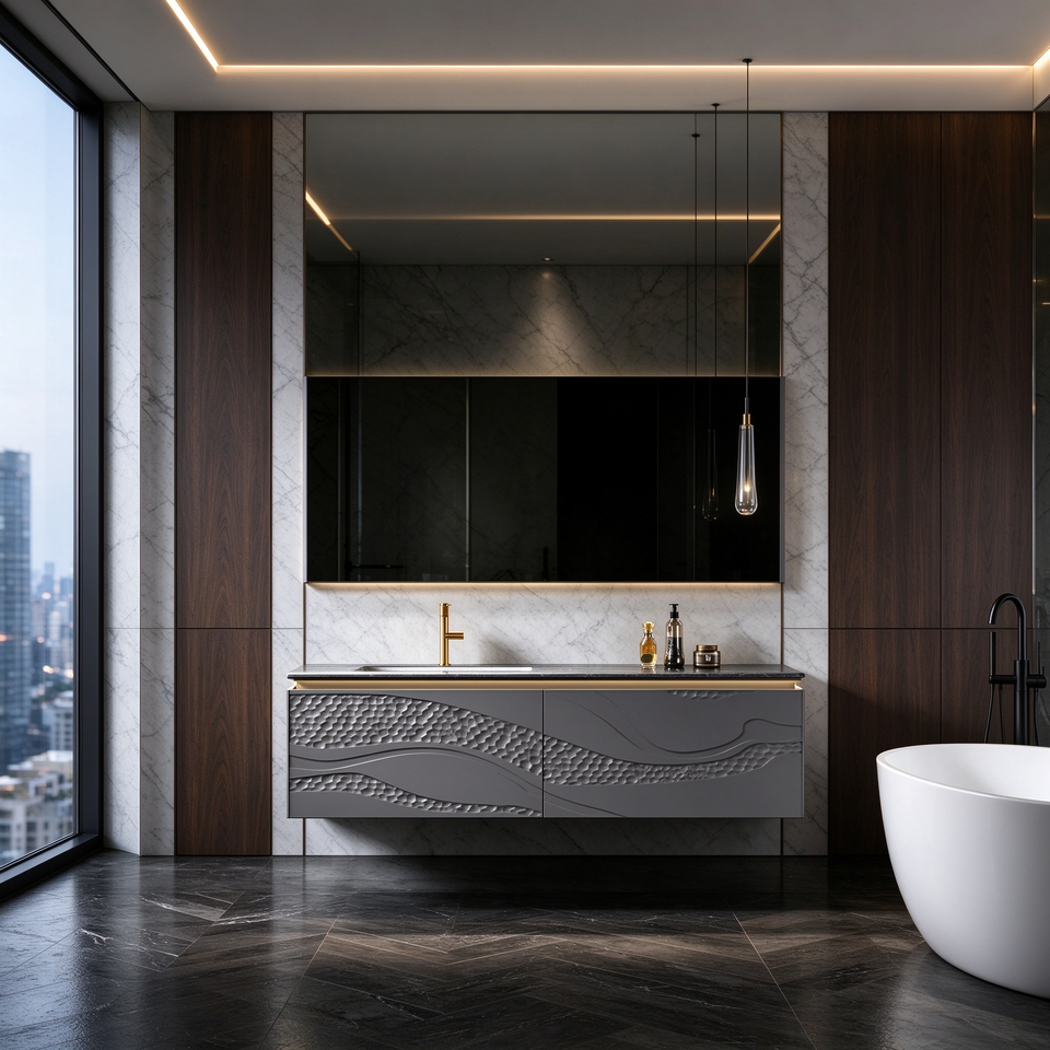 Modern Luxury Villa Bathroom Vanity Cabinet 3D Wave Texture Doors Grey ...