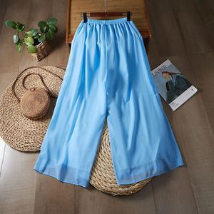 Sky Blue Wide Leg <b>Chiffon</b> Pants With Embroidery Casual Women's <b>Trousers</b> Spring Summer Style - Product Image 3