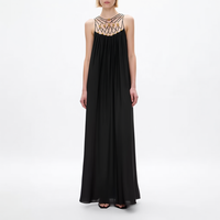 Nouvelle Robe de Soirée Longue Femme Élégante Noire à Bretelles Fines, Motif Géométrique Ajouré, Plissée et Fluide, Coupe Évasée Personnalisée