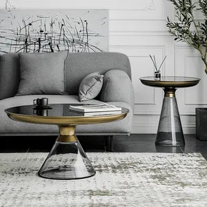 Modern Living Room Grey Tempered Glass Top Metal Frame Small Round Table Set Tinted Glass Coffee Table