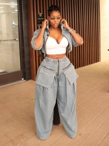 BR4571 moda Retro ampia gamba larga industria pesante Denim due pezzi Set di <span class=keywords><strong>abbigliamento</strong></span> da <span class=keywords><strong>donna</strong></span> autunno - Product Image 4