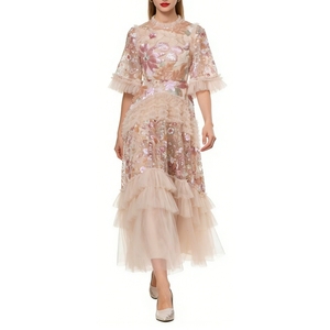 Robe longue de soirée féerique pour femme, ornée de sequins et de fleurs, avec volants en tulle superposés, tendance - Product Image 3